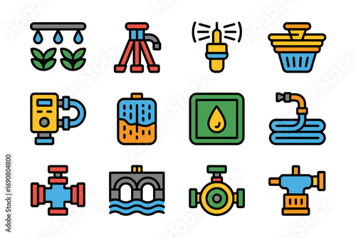 Modern Flat Design Vector Icon Set for Agricultural Irrigation, Water Management Systems, and Sustainable Farming Technology Solutions