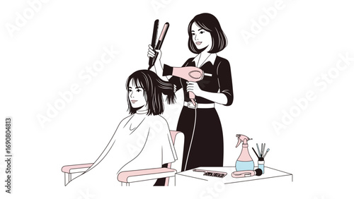 Skilled hairstylist carefully styling a client s hair with a flat iron and hair dryer in a salon