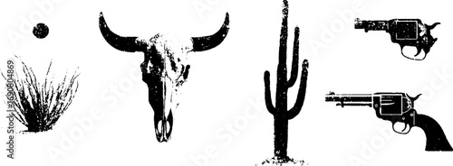 Western grunge black and white illustration set with cow skull, cactus, and revolvers for creative design