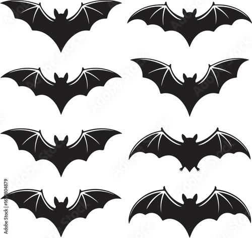 Collection of eight black bat silhouettes with spread wings on white Keywords: bat, bats