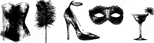 Retro chic collection: corset, mask, martini glass, high heel, and feather for fashion design