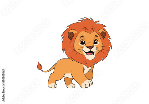 Cute cartoon lion king cub walking with a happy expression and fluffy mane