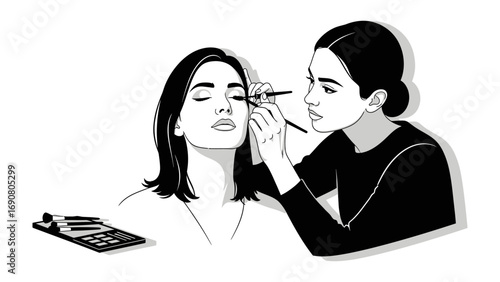 Close up illustration of a makeup artist applying eye shadow to a woman s eyelid with a brush in a studio setting