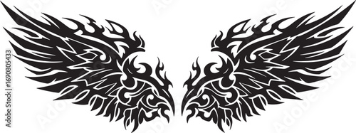 Elegant and powerful black tribal wings with a dynamic flame-like pattern, isolated vector graphic for tattoo or logo design