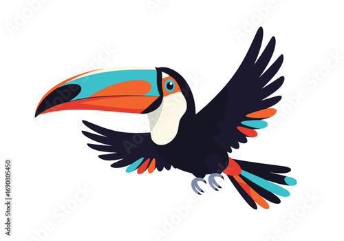 Amazing toucan bird flying through a tropical jungle with vibrant plumage and distinctive bill