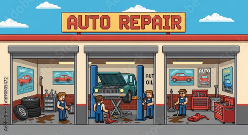A charming pixel art illustration showcasing an auto repair shop with mechanics working on cars, tires, and tools in a garage setting