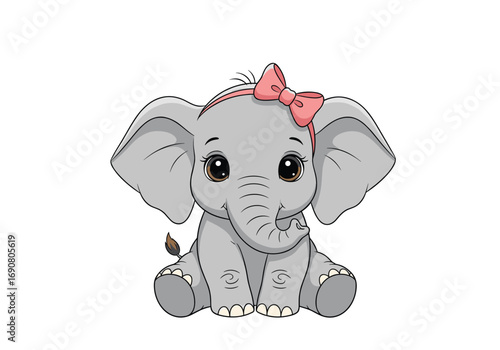 Adorable baby elephant with pink bow sitting happily ready for playtime adventures