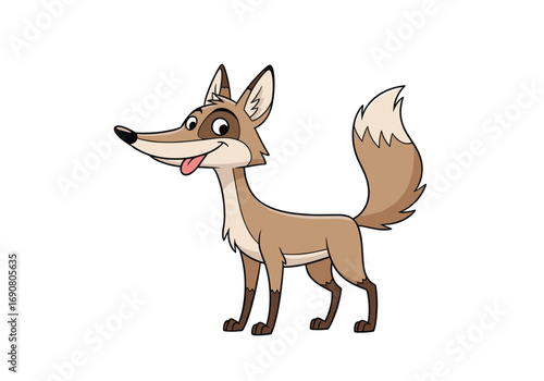 A cute cartoon fox stands with its tongue out and tail high