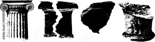 Grunge black and white illustration of cracked column set for design and art projects