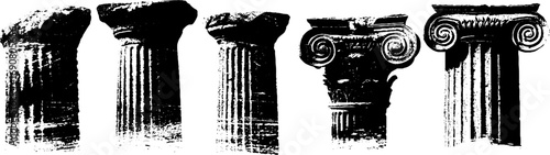 Classic column designs in grunge black and white for architectural inspiration and graphic art