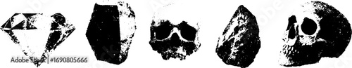 Grunge black and white set of cracked skulls and stones for design and decor