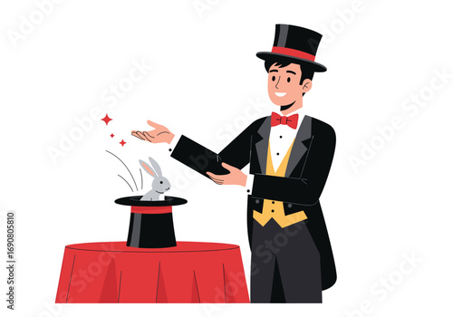 A magician pulls a white rabbit out of a top hat during a performance