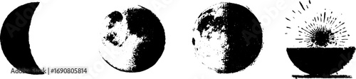 Phases of the moon grunge black and white illustrations for artistic designs