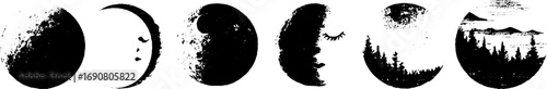 Grunge black and white moon phase illustration set for artistic design