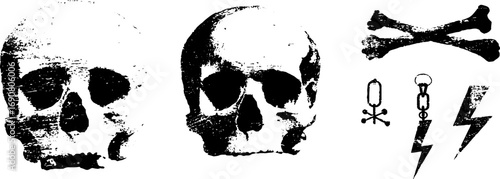 Grunge black and white skull and crossbones set for urban design