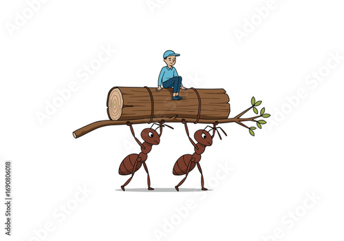 Two ants carry a large log with a boy sitting on top