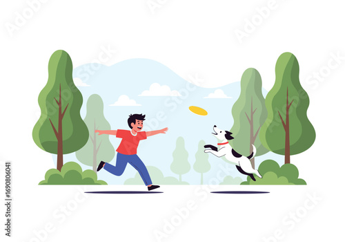 Joyful boy plays catch with energetic dog in sunny park surrounded by lush trees