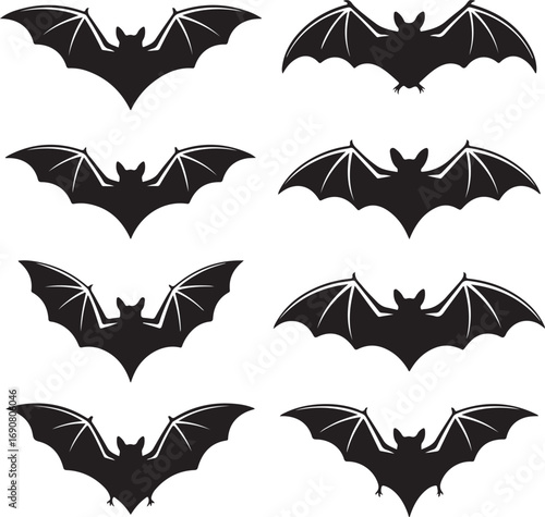 Collection of eight black bat silhouettes with spread wings on white Keywords: bat, bats