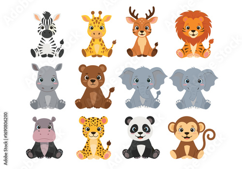 Cute cartoon safari animals collection vector illustration art style