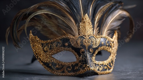 Wallpaper Mural Elegant Venetian Mask: Black & Gold Glitter Feather Masquerade Torontodigital.ca