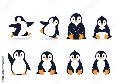 Collection of cute cartoon penguins in various poses and activities