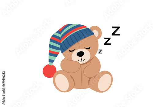 Cute sleeping teddy bear wearing striped hat dreaming sweetly peaceful nap time