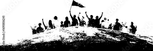Grunge black and white silhouette of a crowd on hill with flag for urban art