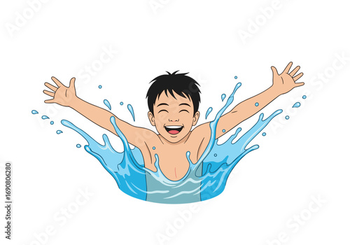 A happy young boy splashing with joy in the cool blue water on a sunny day