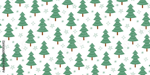 Cartoon fir trees, snowflakes, stars. Winter simple seamless pattern. Hand drawn winter symbols. New Year and Christmas background. Suitable for any prints on fabric or paper, holiday packaging.