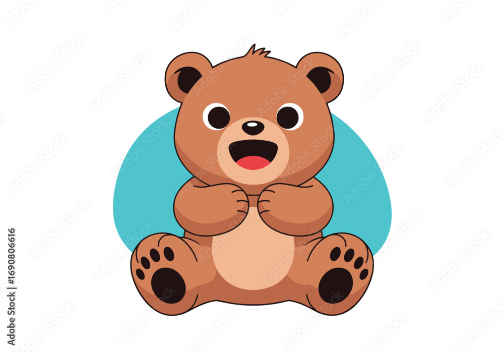 Obraz premium A cute cartoon teddy bear sits happily with its arms raised in front of a blue circle