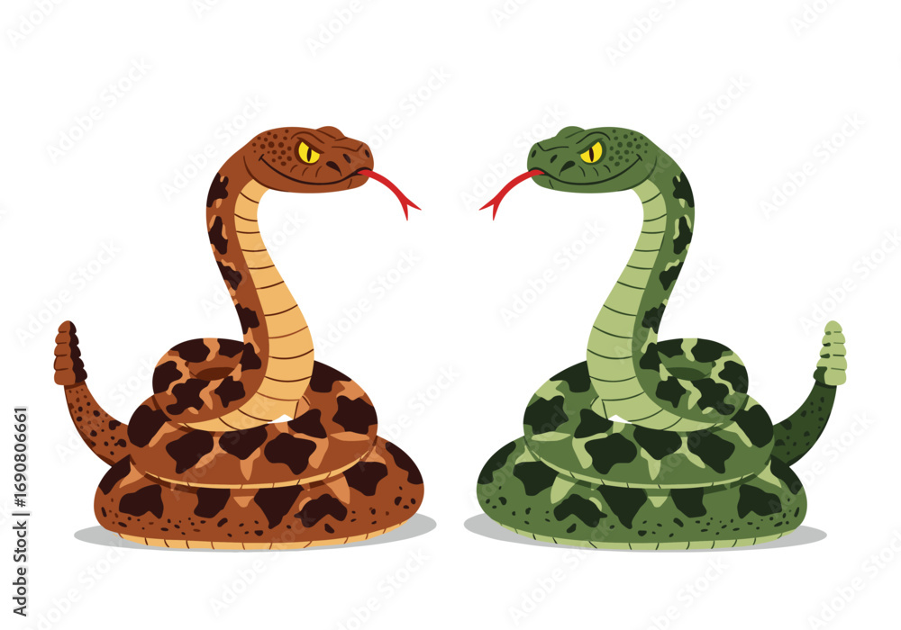 Obraz premium Two stylized rattlesnakes facing each other ready to strike with tongues flicking on white