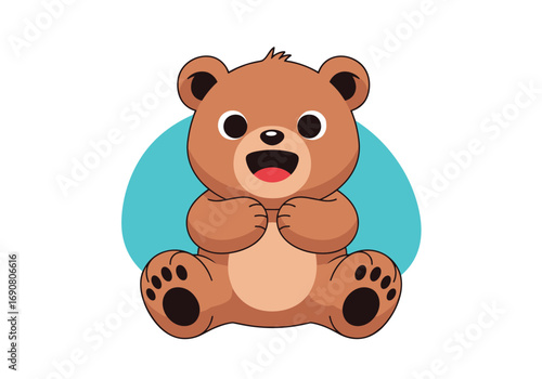 A cute cartoon teddy bear sits happily with its arms raised in front of a blue circle