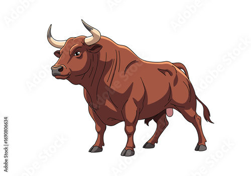 Powerful majestic brown bull standing firmly with horns ready to defend its territory