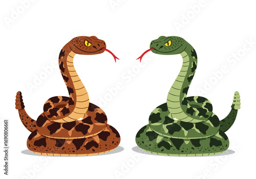Two stylized rattlesnakes facing each other ready to strike with tongues flicking on white