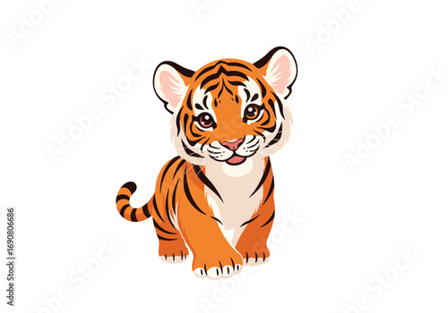 Adorable baby tiger cub walking forward with cute face and stripes