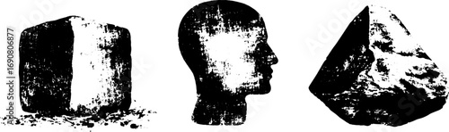Grunge black and white cube, head, and rock silhouette set for urban design