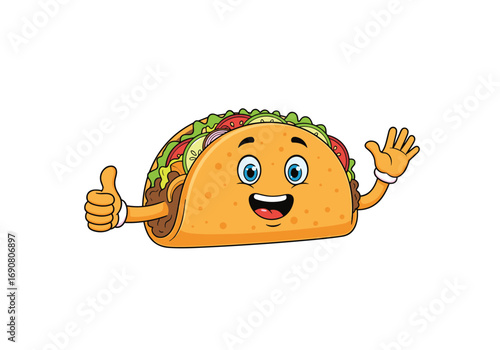 Happy cartoon taco giving a thumbs up and waving hello to everyone