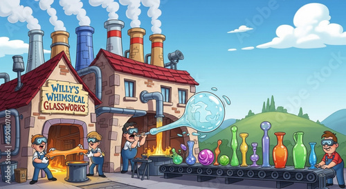Whimsical glassworks factory illustration with workers crafting colorful glass vases and bottles, creating a magical and creative atmosphere