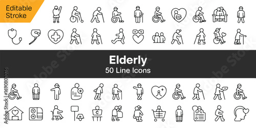 A set of 50 black and white line art elderly care and healthcare icons . Containing old,senior, retirement,  pension, grandparents, wheelchair, alzheimer, caregiver, and more. Editable stroke. Vector 