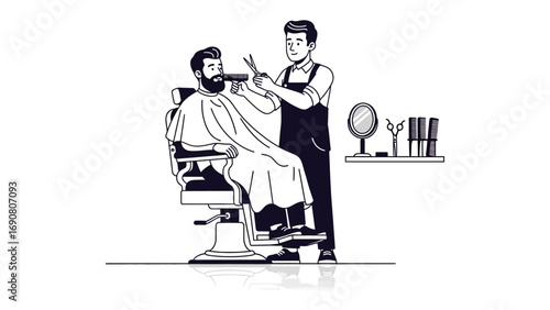 A skilled barber meticulously trims a client s beard with scissors and comb in a vintage barbershop setting with a mirror and tools