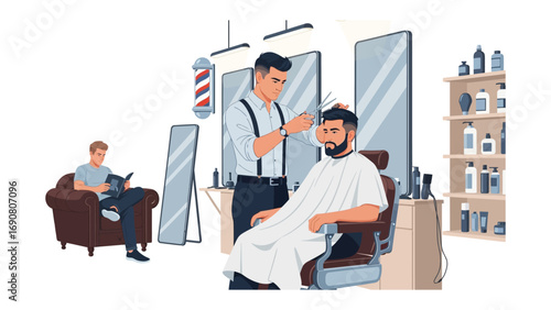 Modern barbershop scene with a barber giving a haircut to a client while another man waits reading a book