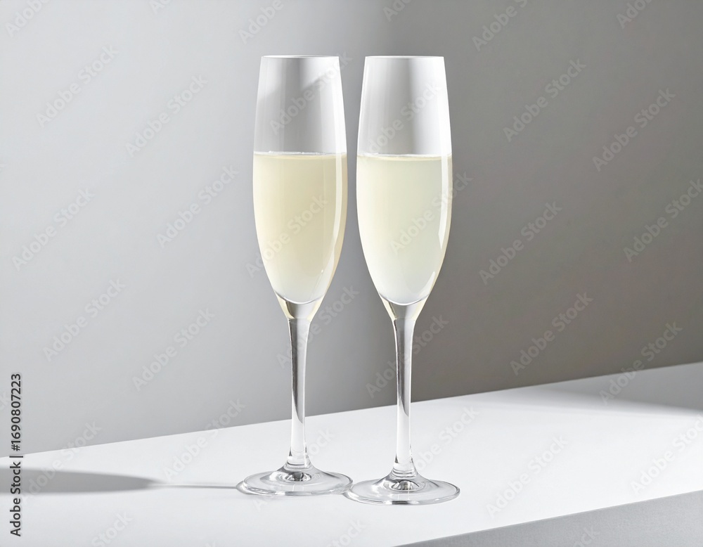 Fototapeta premium Two elegantly poised champagne flutes brimming with sparkling golden beverage, a toast to celebration and luxury
