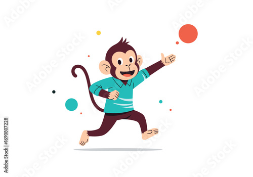 A happy cartoon monkey joyfully leaping and playing with colorful bubbles