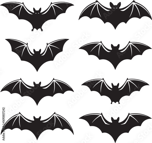Collection of eight black bat silhouettes with spread wings on white Keywords: bat, bats