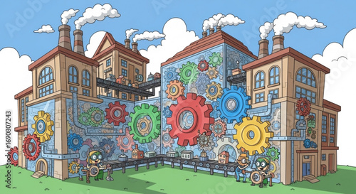 A whimsical cartoon factory with colorful gears, conveyor belts, and chimneys against a blue sky, showcasing industrial charm and imagination