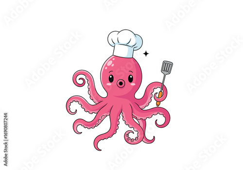 Cute pink chef octopus with a whisk and spatula and a white chef hat