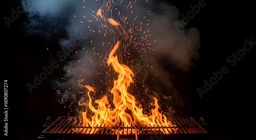 Intense Flames and Smoke Rising from a Grill Against a Black Background Displaying Heat
