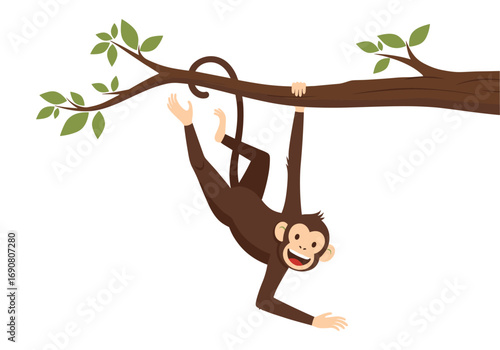 A playful monkey gracefully hanging from a tree branch with a happy expression
