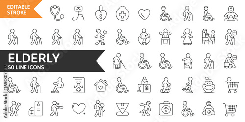 A set of 50 black and white line art elderly care and healthcare icons . Containing old,senior, retirement,  pension, grandparents, wheelchair, alzheimer, caregiver, and more. Editable stroke. Vector 