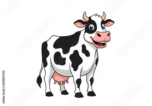 Cartoon black and white cow standing on white background with happy face and pink ears